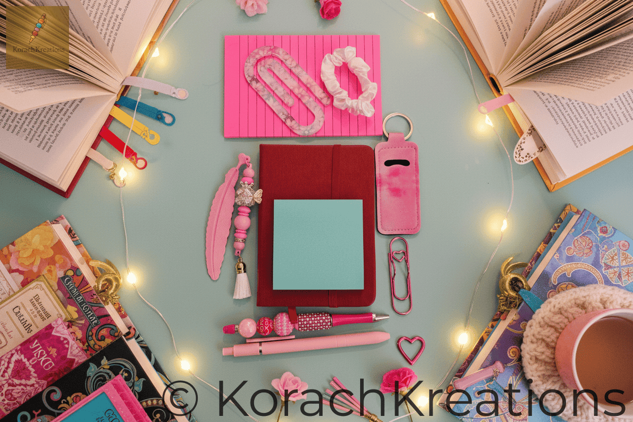 Fun and vibrant flat lay of 10 item bookish bundle surrounded by open books, colorful bookmarks, flowers and fairy lights with bright cheerful lighting