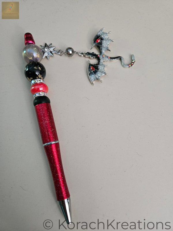 Dragon Charm Beaded Pen – Red Glitter Fantasy Pen