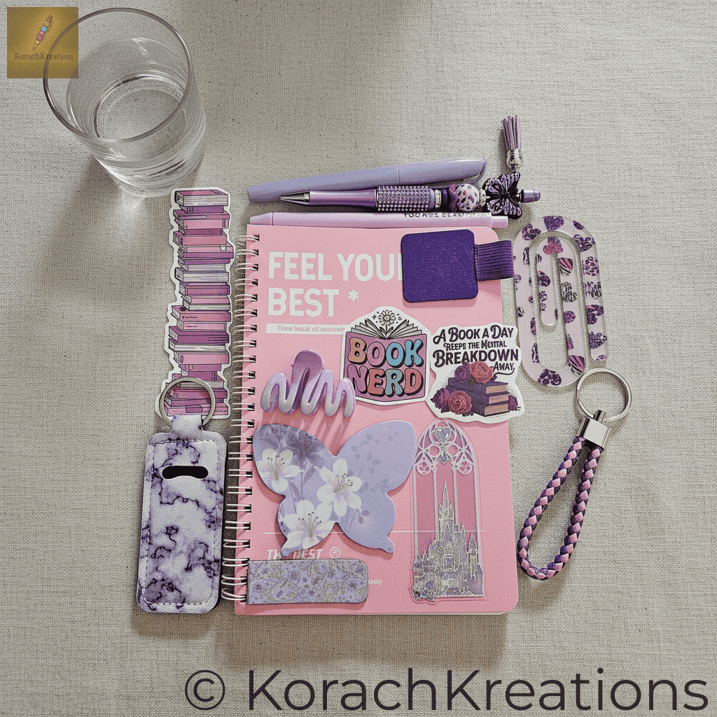 Overhead flat lay of purple and pink bundle on a beige linen tablecloth with a glass of water in the upper left corner